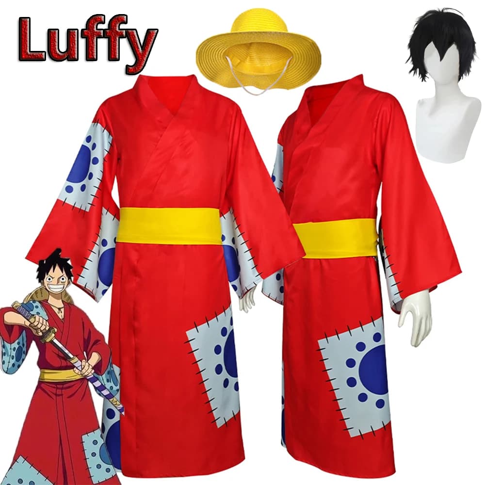 Luffy Cosplay Anime Monkey D Luffy Cosplay Costume Wano Country Kimono Wig Hat Red Kimono Halloween Costumes for Men Women