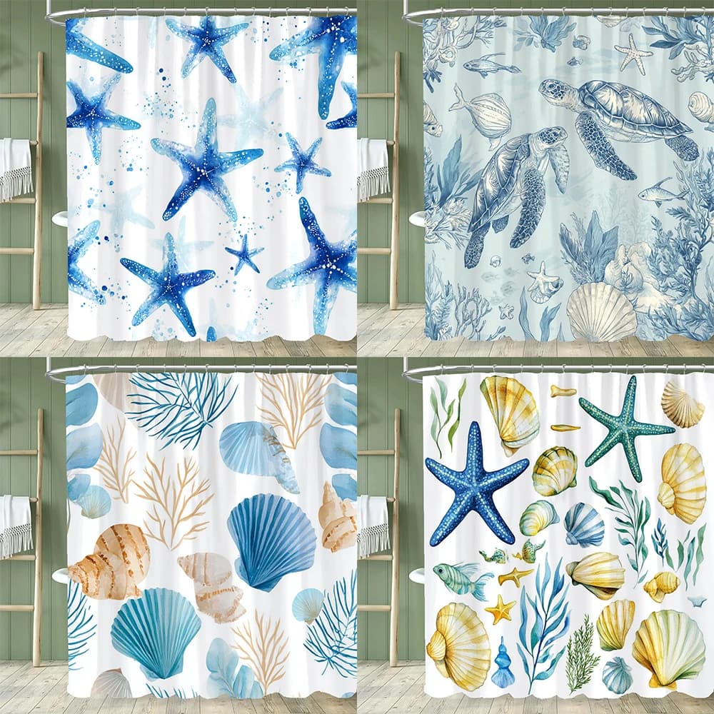 Cute Cartoon Ocean, Starfish, Shells Dolphin Printed Shower Curtain With Hooks, Bathroom Curtain, Bathroom Decor Window Curtain