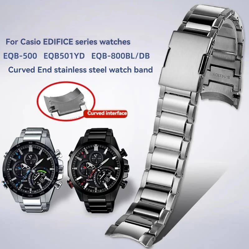 For Casio EDIFICE Series Strap EQB-500 EQB-501 EQB-800 EFR-303 Solid Curved End Stainless Steel Watch Chain Men 22mm Watchband