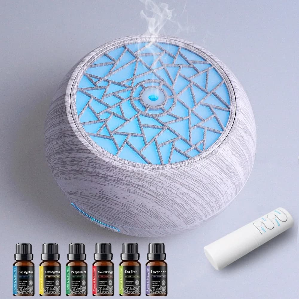 Umidificatore e diffusore di aromi ultra silenzioso da 550 ml, diffusore di oli essenziali con finitura struttura in legno, luce notturna a LED a 7 colori, Rem