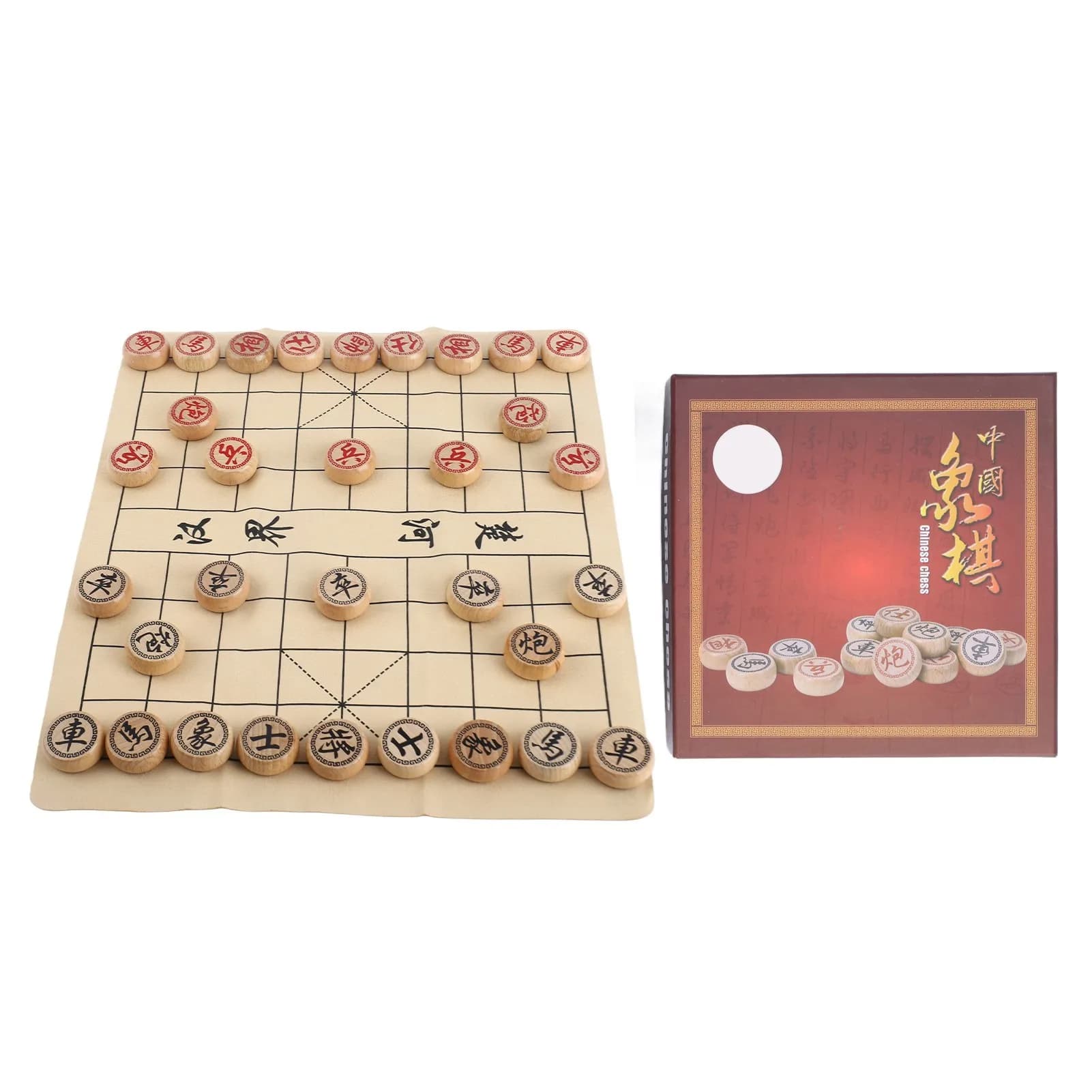 Chinese Chess Set Beechwood Intellectual Growth Xiangqi Board Game with PU Leather Chessboard 3cm Diameter
