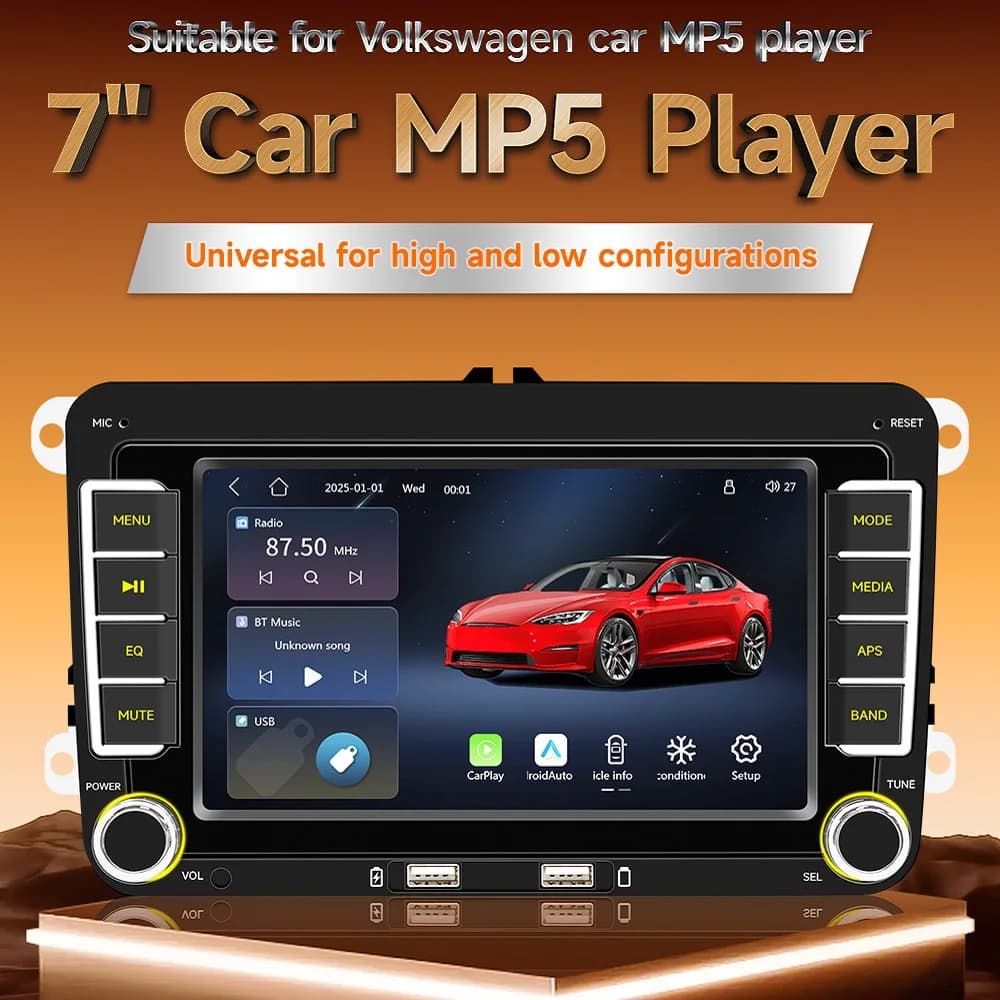 Autoradio 2 Din HD da 7 Pollici con RDS, Airplay, CarPlay Wireless, Android Auto, Stereo Audio per VW, Seat, Skoda, Passat, Golf, Polo