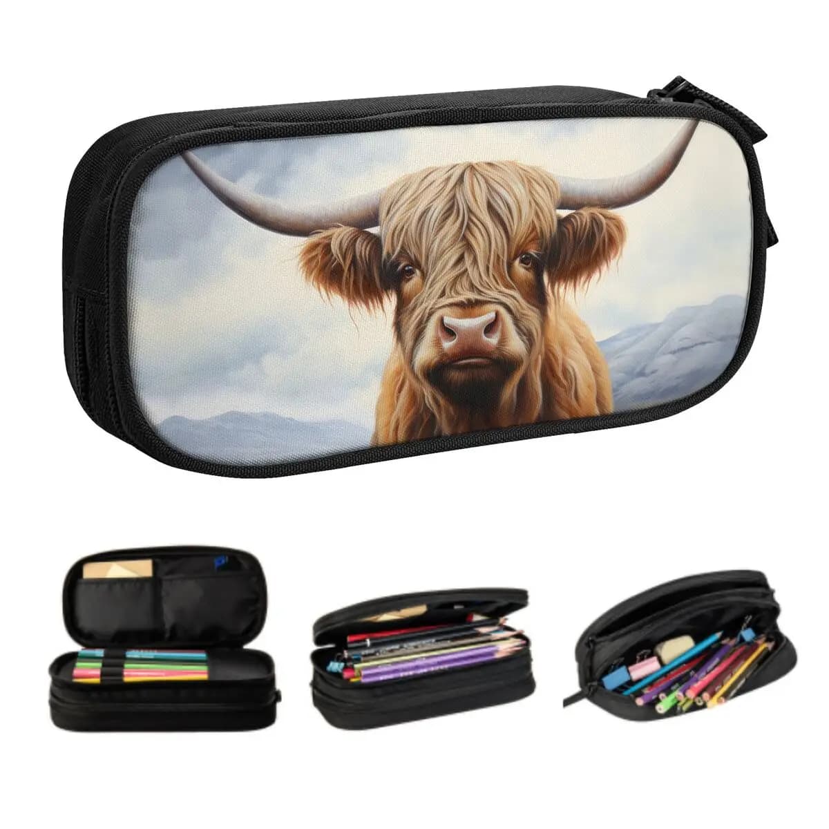 Astuccio personalizzato carino con mucca e fiore delle Highland per ragazze e ragazzi, grande scatola per penne, accessori scolastici