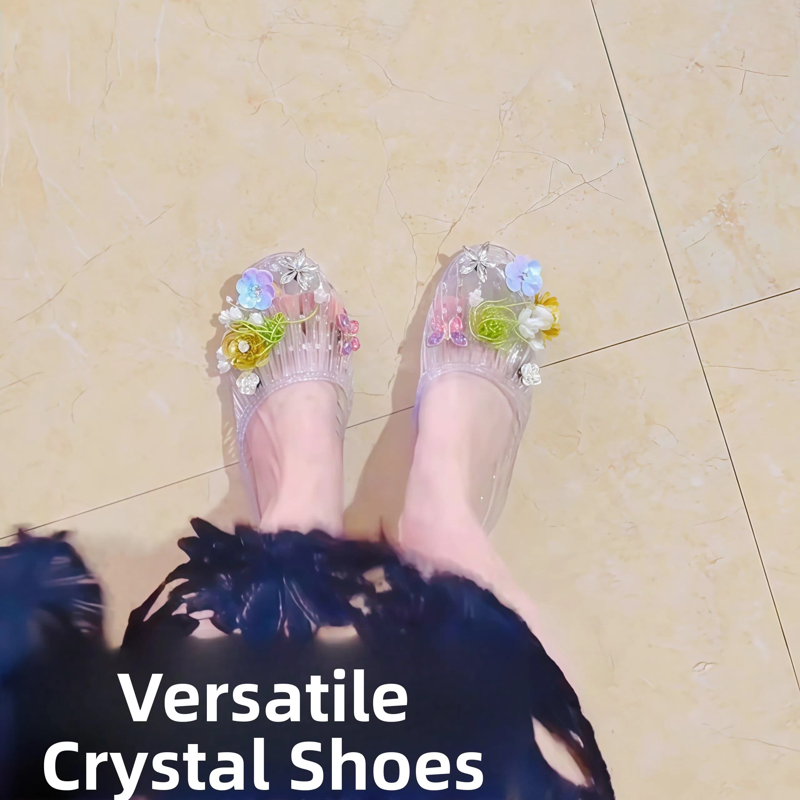 Princess Crystal Sandals Fairy Style Hollow Flat Bottom Slip-On Diamond Flower Slippers Breathable Comfortable Home Slippers