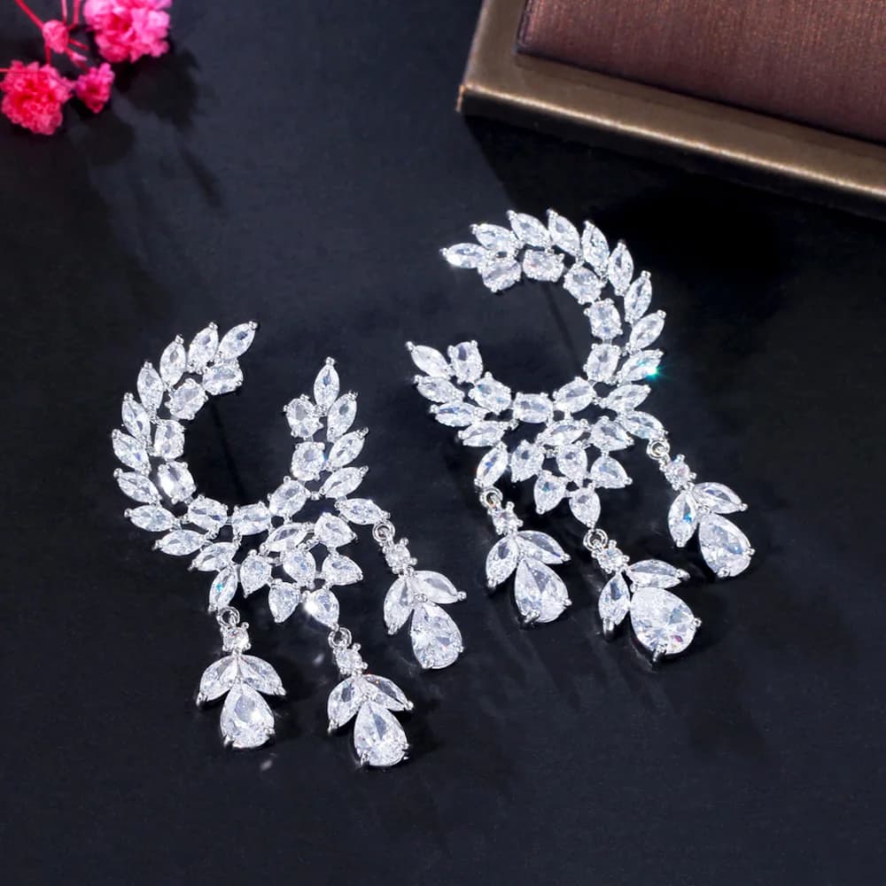 Pera Creative Wheat Leaf Shape Shiny CZ Stone Dancing Party Long Silver Color Fringed Waterdrop Dangle Earrings for Women E987