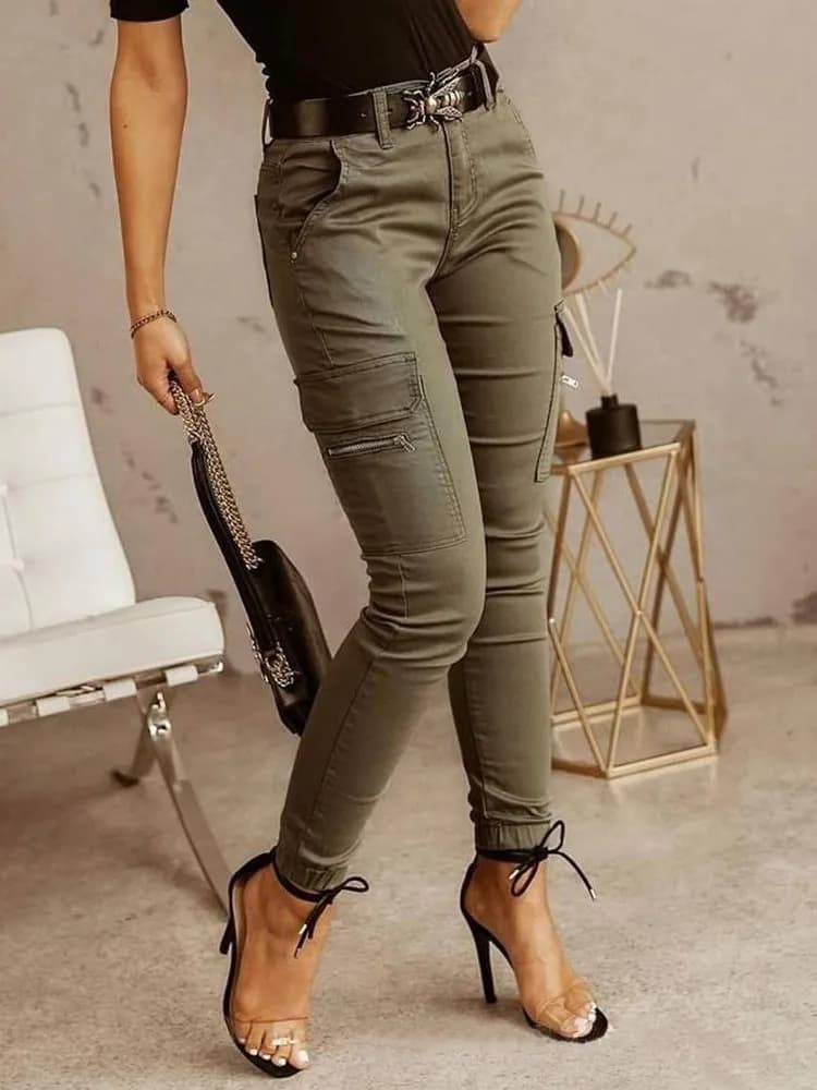 Pantaloni da lavoro da donna alla moda Primavera Autunno Pantaloni attillati multitasche casual con bottoni a vita bassa Leggings da donna in tinta unita