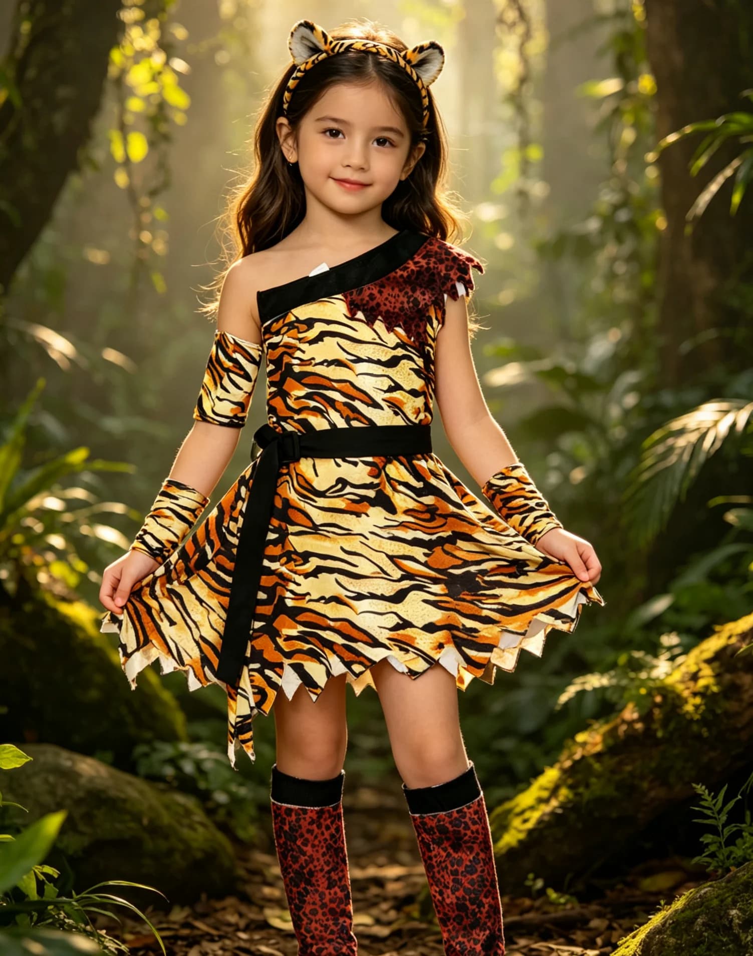 Children's Primitive Themed Costume, Tiger Print Dress with Headband and Wristbands