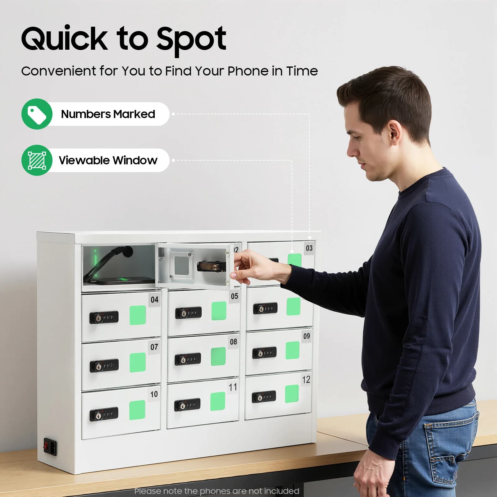 12-Bay Cell Phone Charging Locker Combination Lock Storage Cabinet Phone Charging Station With Acrylic Window Dual Unlock Way for Phone Tablet Small Valuables Storage