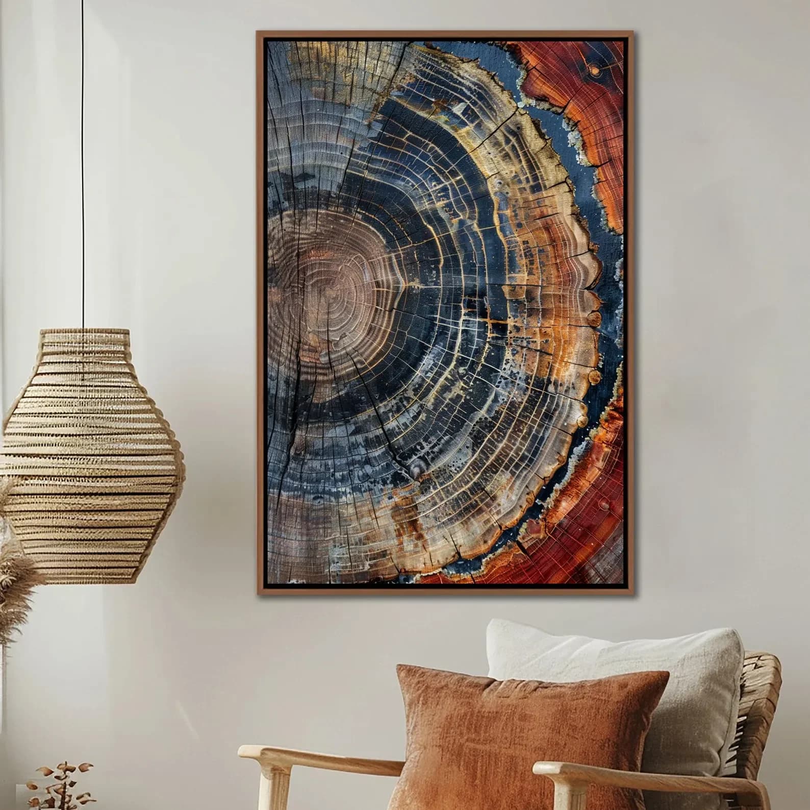 Wall art with ring frame for tree, wall decoration with ring for colorful abstract tree, minimalist art on house canvas, modern living room on farm