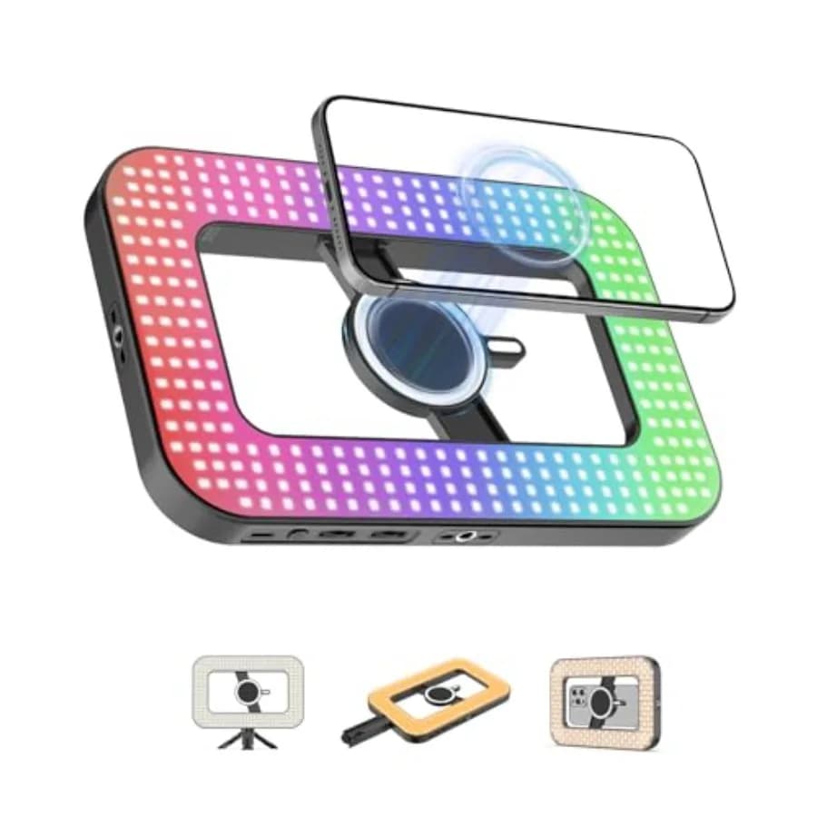 Luce ad Anello Magnetica RGB da 6000mAh per iPhone, 448 LED Ricaricabili con Mini Treppiede, Magnete Bifacciale