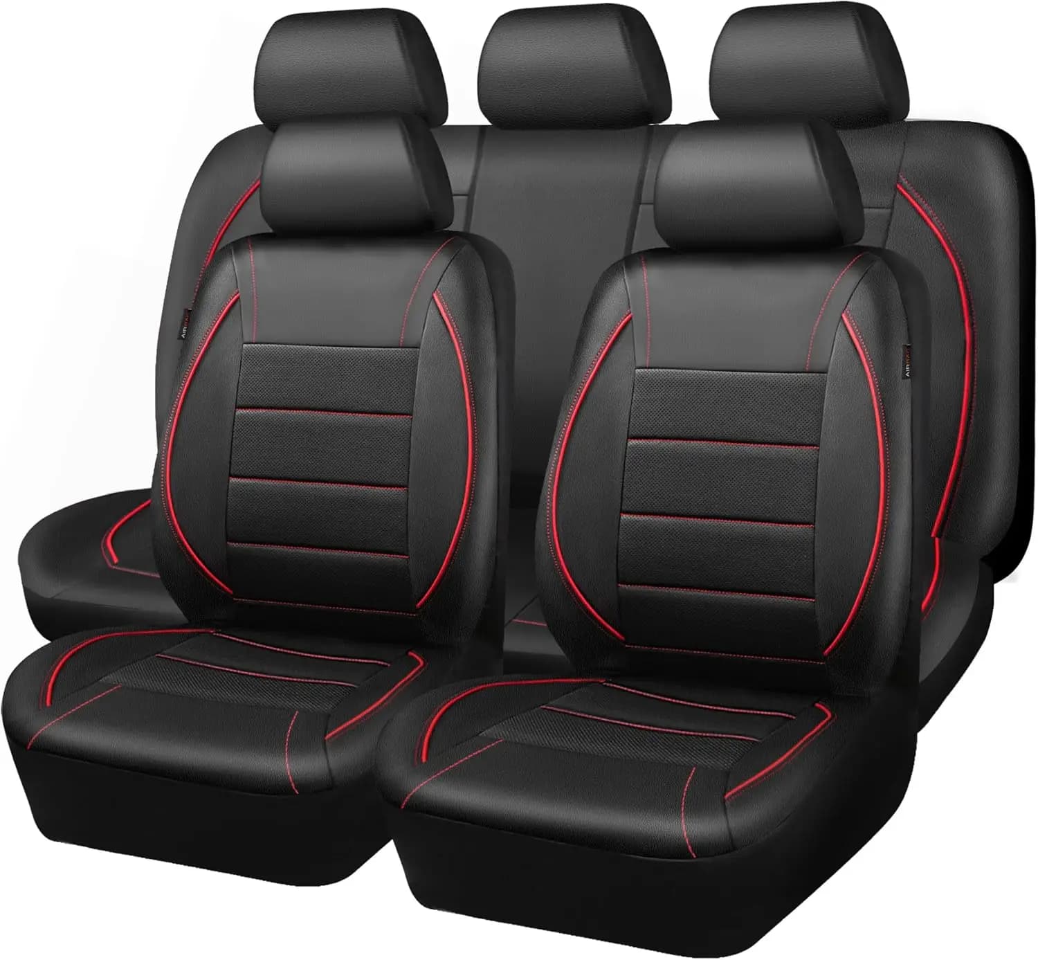 Coprisedili Universali in Pelle per SUV, Furgoni, Camion - Compatibili con Airbag, Design con Cerniera (Set Completo, Nero e Rosso)