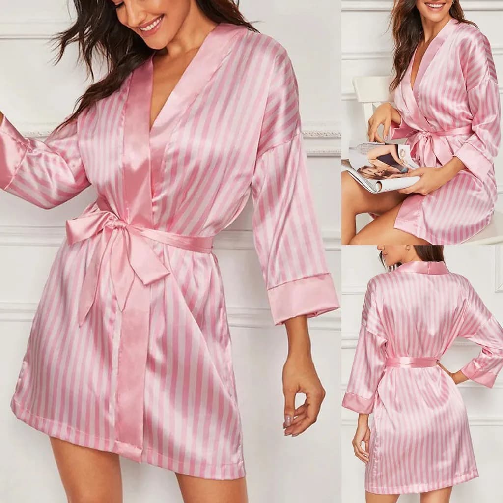 Abito Kimono Rosa Taglia Grande con Cintura, Stile Semplice, Abbigliamento da Casa per Donne, Scollo a V, in Poliestere, per la Primavera, Casual