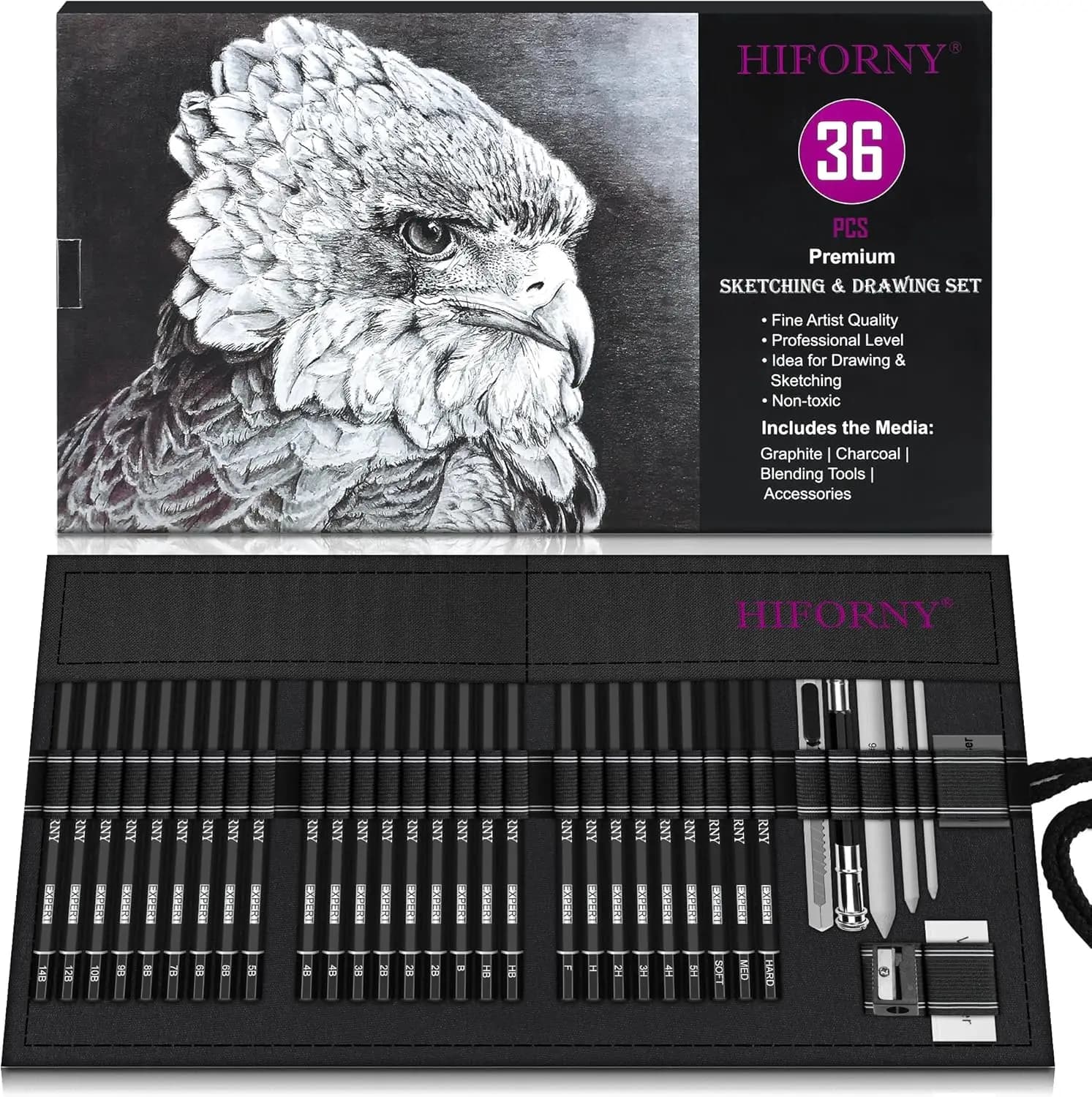 36 Pcs Sketching Drawing Pencil Set with Graphite, Charcoal & Blending Tools in Canvas Case