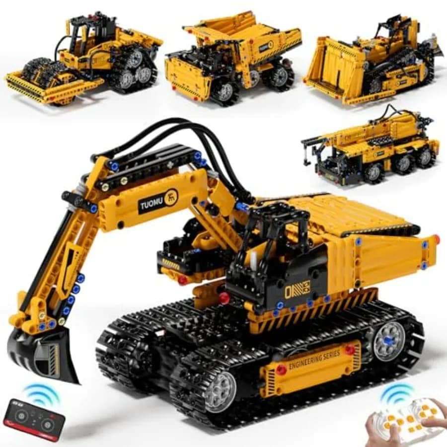 Set di Costruzioni STEM 5 in 1 per Bambini 8-14 Anni, Escavatore, Gru, Camion, Bulldozer e Rullo Compattatore Controllati da Telecomando e App, Regalo di Compleanno