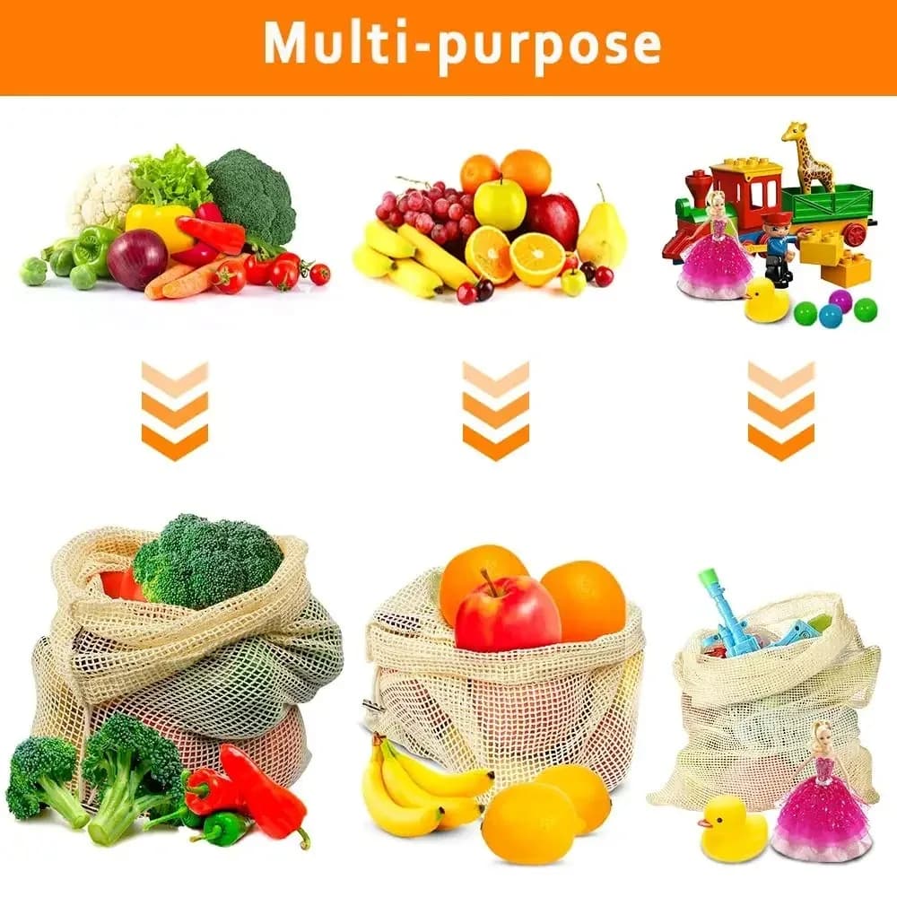 Borsa in Rete di Cotone Riutilizzabile Grande e Leggera con Cordoncino, Ecologica per Conservare Frutta e Verdura, Borsa a Rete per la Spesa in Cucina