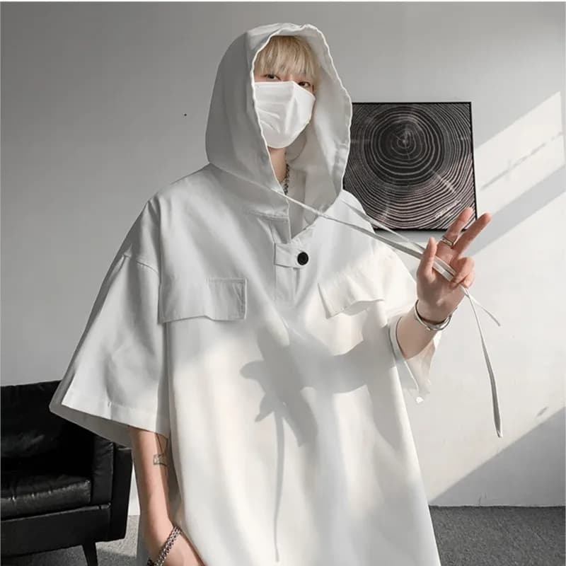 T-shirt con cappuccio estiva da uomo 2025 NUOVO pullover coreano a mezza manica streetwear t-shirt allentata top con coulisse abbigliamento da uomo moda