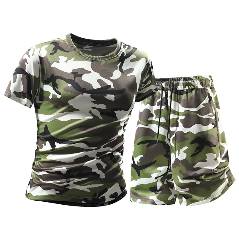 Completo Tuta Mimetica Estiva da Uomo: T-shirt e Pantaloncini, Set Casual da Spiaggia per Coppia, Pantaloncini Larghi al Ginocchio, Stile Hot Cross-Border