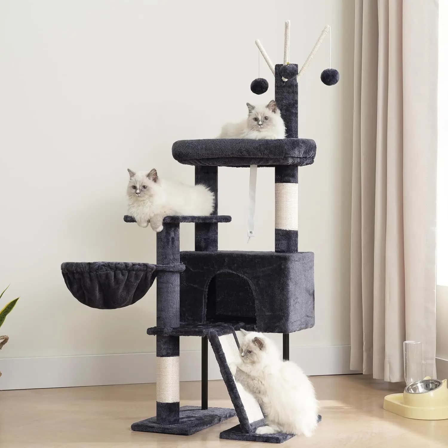 Albero per Gatti da Interno con Tiragraffi, Cuccia e Cesto Sospeso per Gatti Piccoli e Gattini in Grigio Fumo