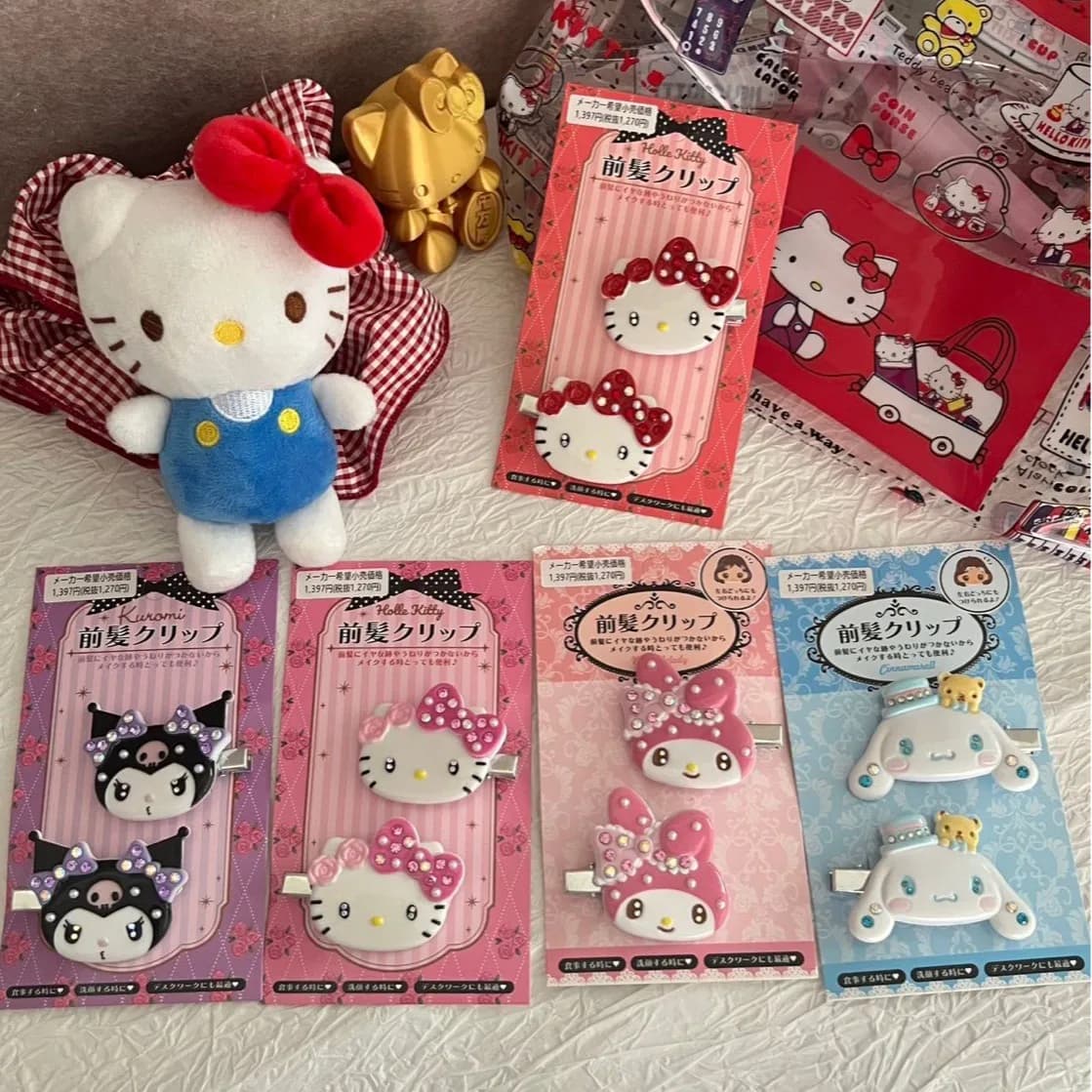 Sanrio Hello Kitty Hair Clip Cherry Blossom Sakura Bangs Pin Rhinestone Japanese Style Side Clip Gift Girls Kawaii Accessory