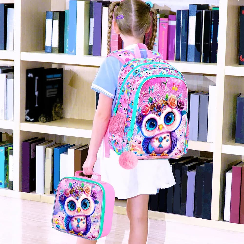 3Pcs 16 Inch Girls Backpack Set, Cute Diamond Owl School Bag with Lunch Bag & Pencil Pouch, Lightweight Elementary Bookbag