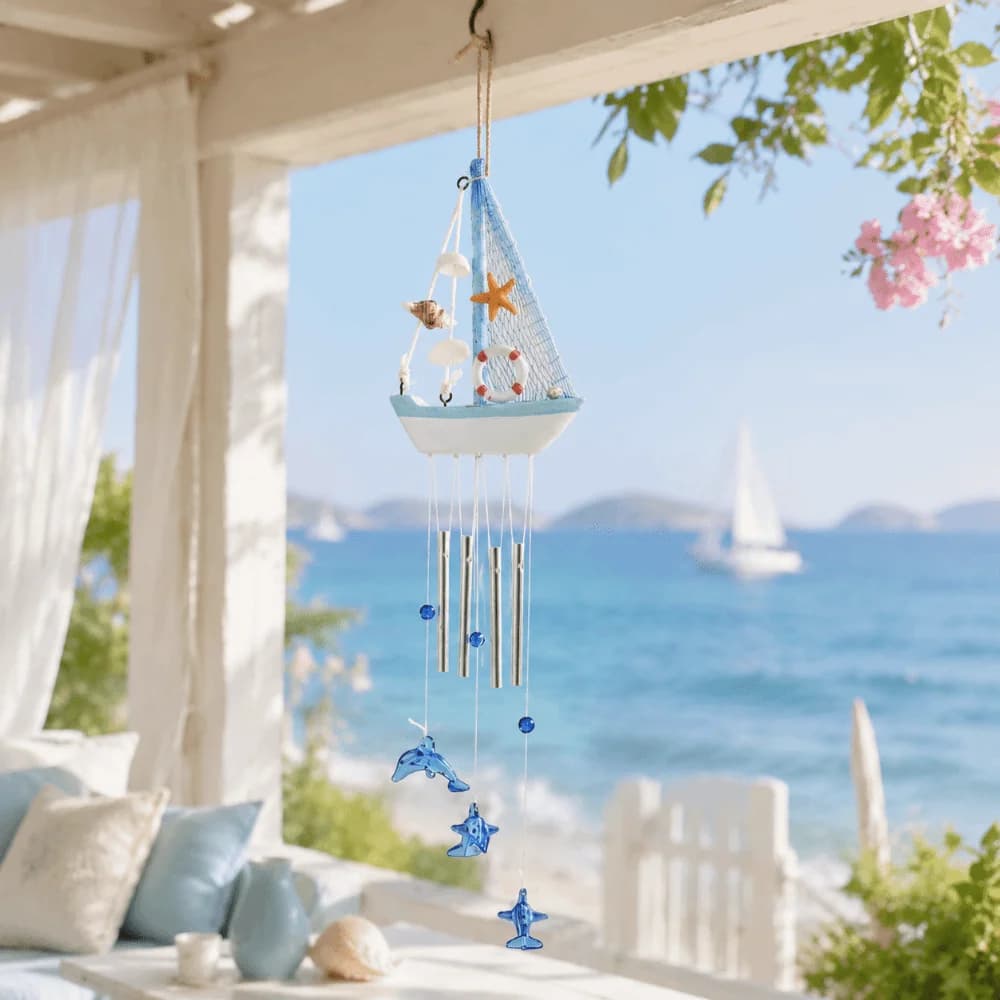 Dolphin Pendant Nautical Sailboat Wind Chime Shell Star Tassel Hanging Ornaments Mediterranean Style Decoration