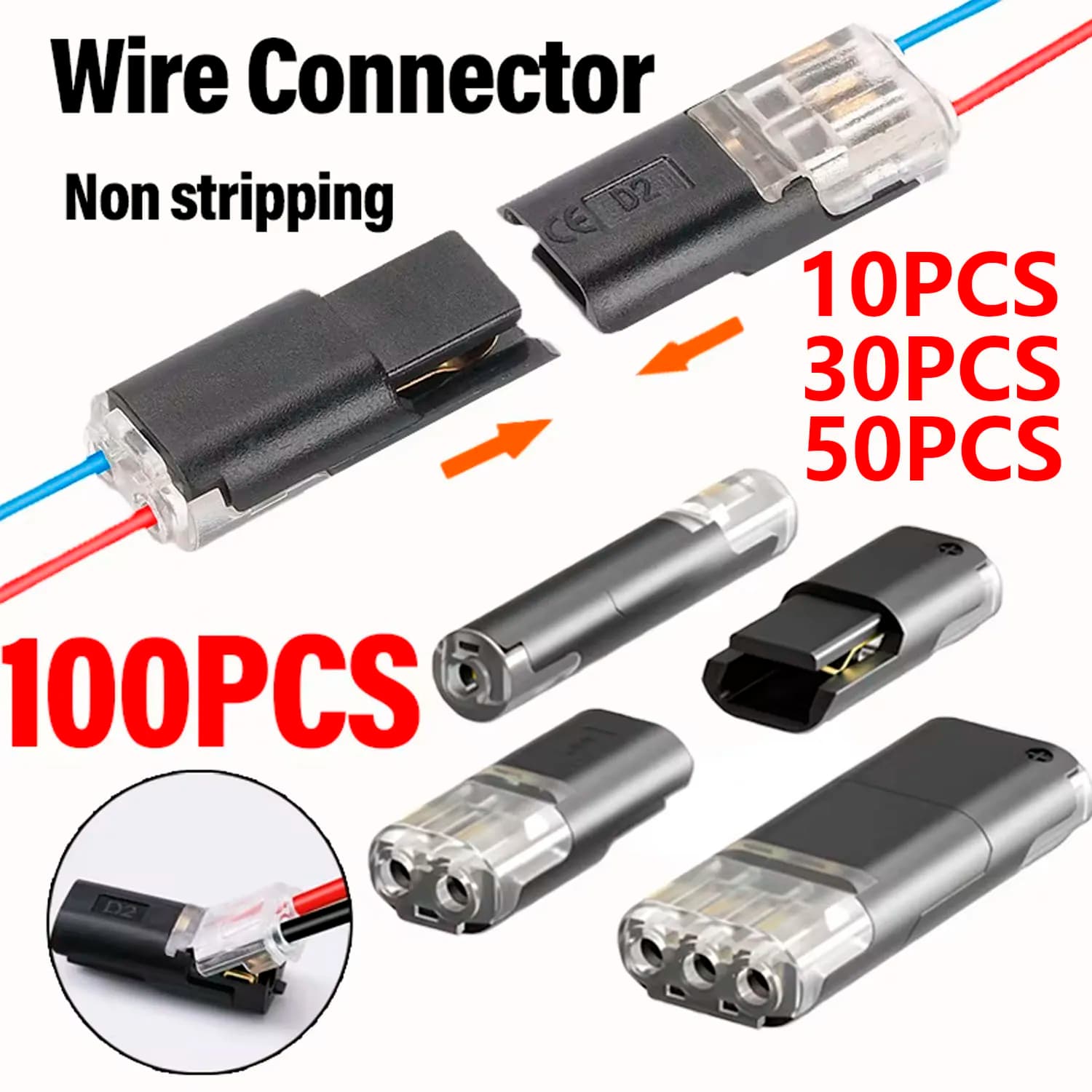 10/30/50/100 pcs D1/D2/D3 1/2/3 pin cable connectors, no spelature required, rapid cable connectors, double cable interconnection, detachable automotive terminal connectors