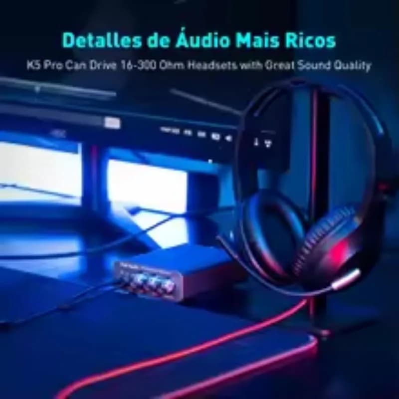 Fosi Audio K5 PRO DAC USB per Gaming con Microfono e Amplificatore per Cuffie, Mini Decoder Audio per PS5 e Altoparlanti Attivi da Scrivania
