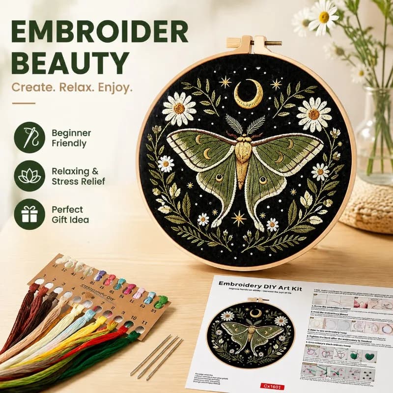 Butterfly Flower Embroidery DIY Kit Hand Stamped Cross Stitch Set for Adults Beginners with Embroidery Hoop