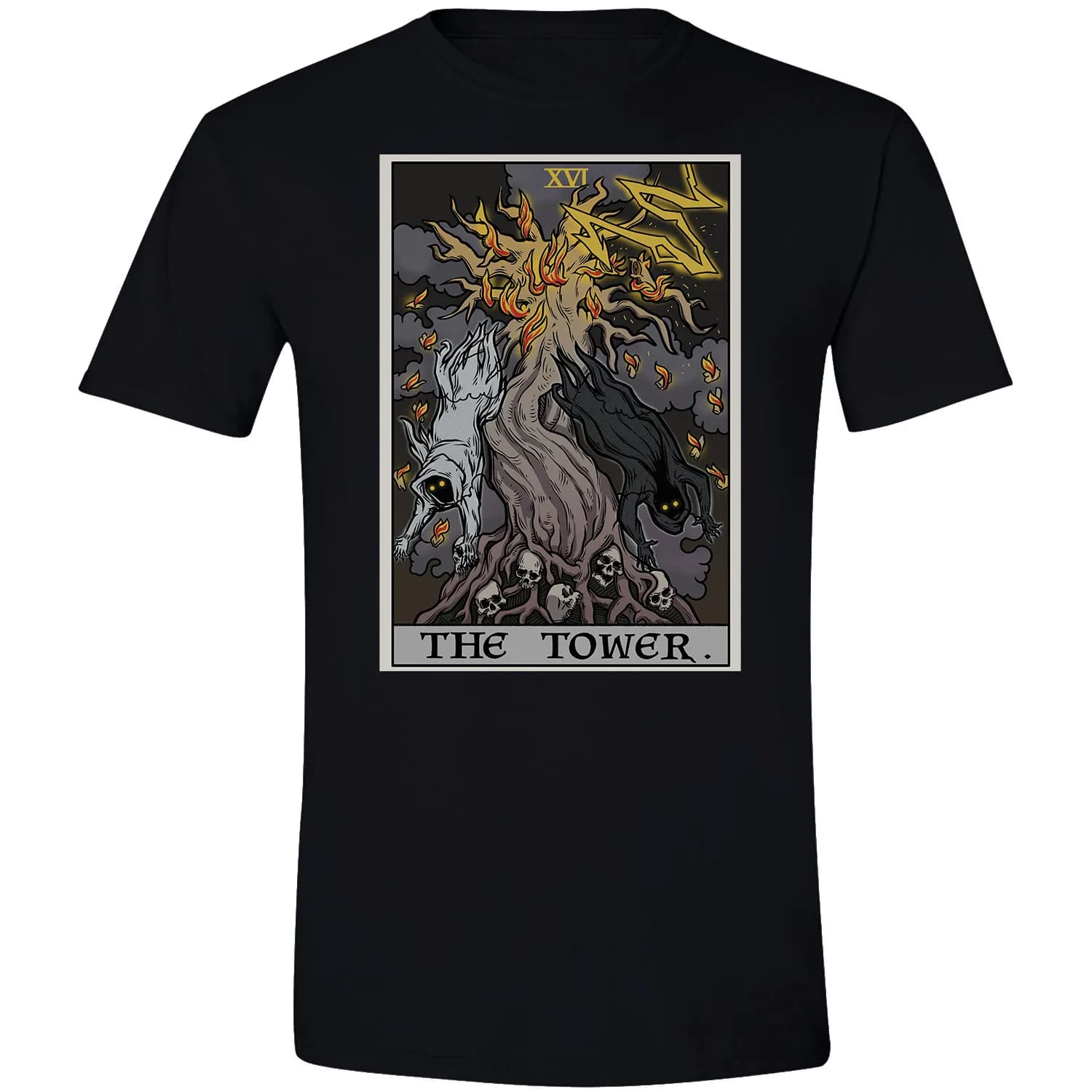Maglietta The Tower Tarot Card con Scheletri e Fantasmi di Halloween, T-shirt Horror Spaventosa