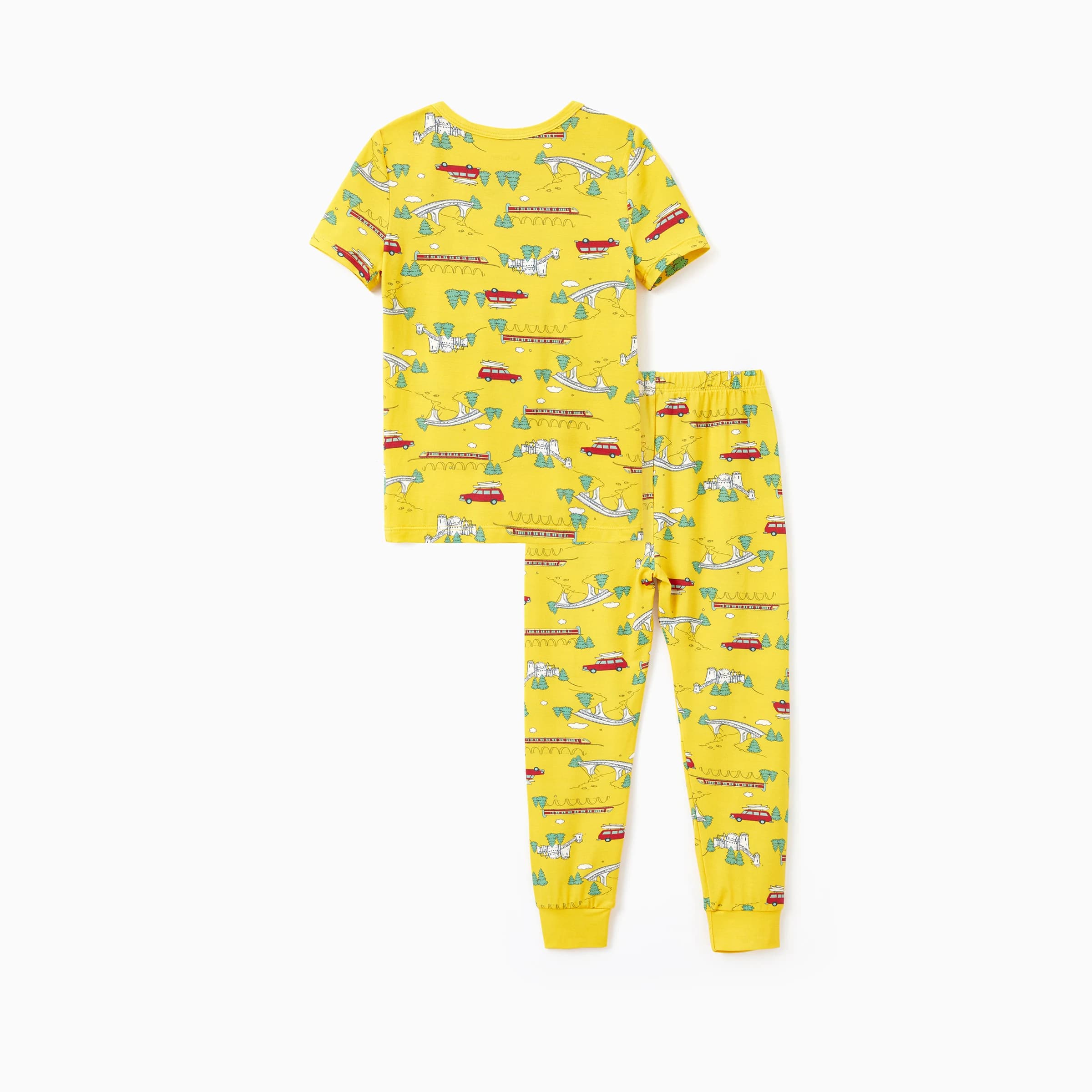 PatPat Pigiama giallo con stampa di auto e albero, maniche corte e pantaloni lunghi, pigiama coordinato (accordo aderente per bambini)