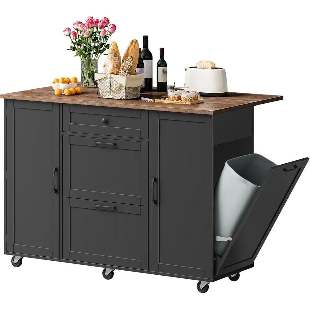 Carrello da Cucina con Isola, Contenitore per Rifiuti, Piano d'Appoggio Ribaltabile e 6 Ruote, Carrello da Cucina Mobile da 51,2 Pollici con Ripiani, Cassetti e Regolabile
