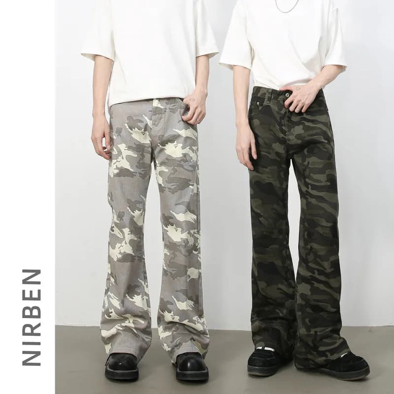 QICHE Men American Retro Camo Micro Flare Jeans Loose Straight Fit Streetwear Casual Denim Long Trousers