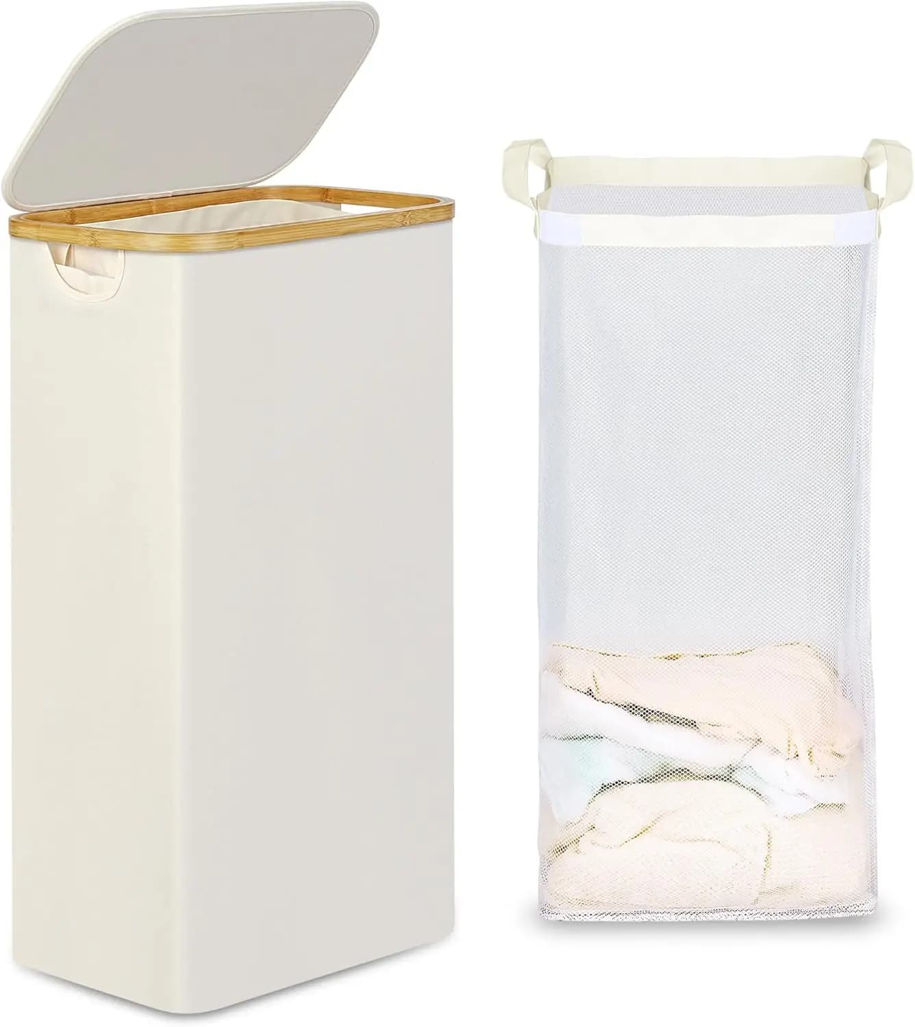 Cesto per Bucato Sottile con Coperchio, Cesto Stretto con Sacca Rimovibile, Cesto per Vestiti Salvaspazio, 75L Beige