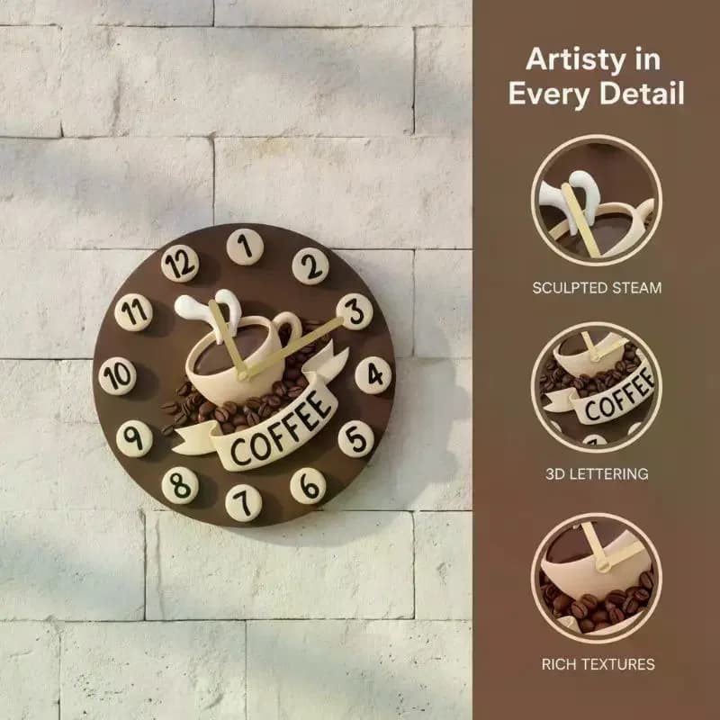 Fresh Brewed Hot Choco Coffee Clock: Decorative Wall Hanging Round Creative Wooden Cup Hanging Sign