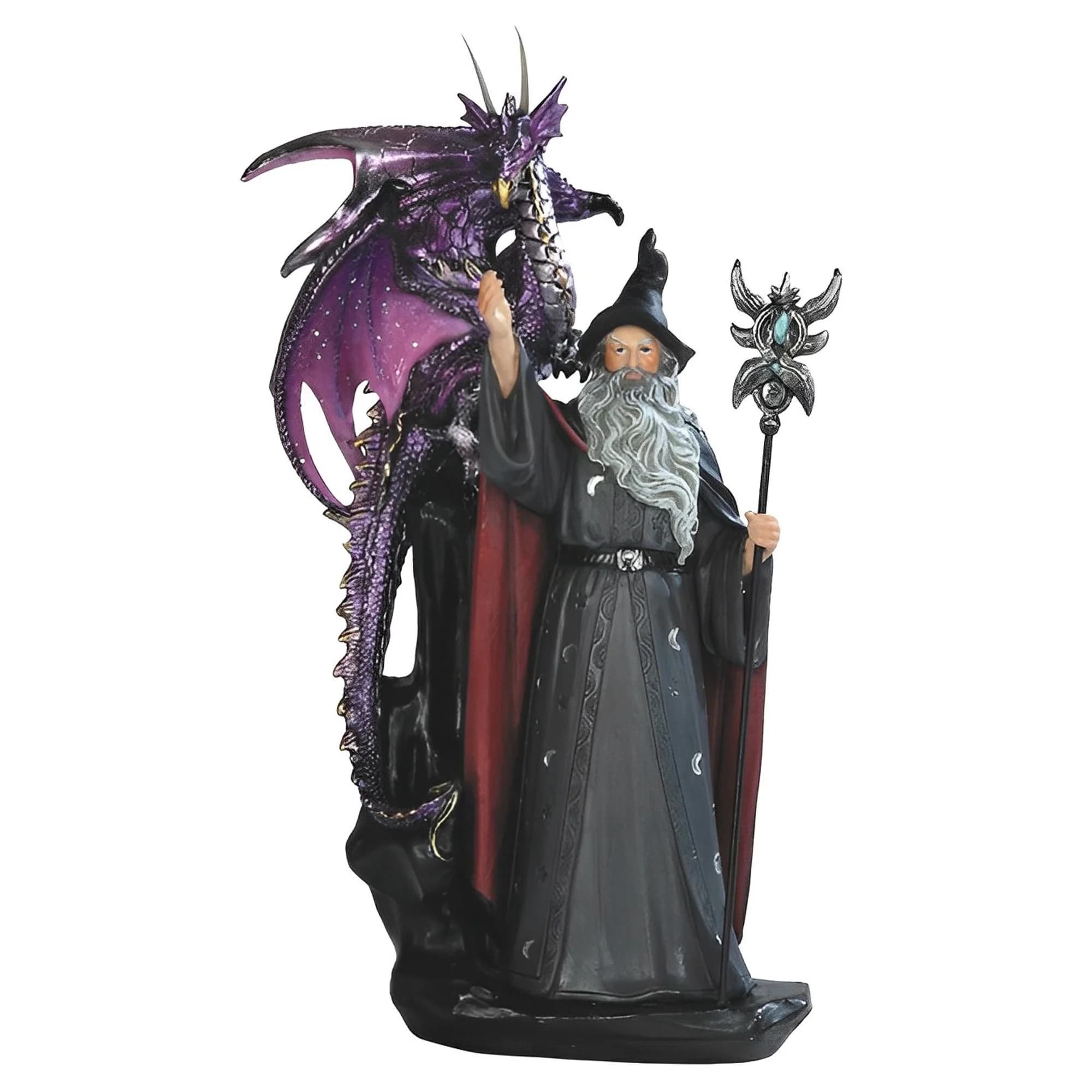 Fantasy-Themed 11-Inch Wizard Figurine with Purple Dragon & Magic Wand – Handcrafted Resin Sculpture for Desk, Shelf, or Display | Stylish Home & Office Decor | Thoughtful Gift for Holidays, Birthdays, Housewarming | Collectible Art Piece