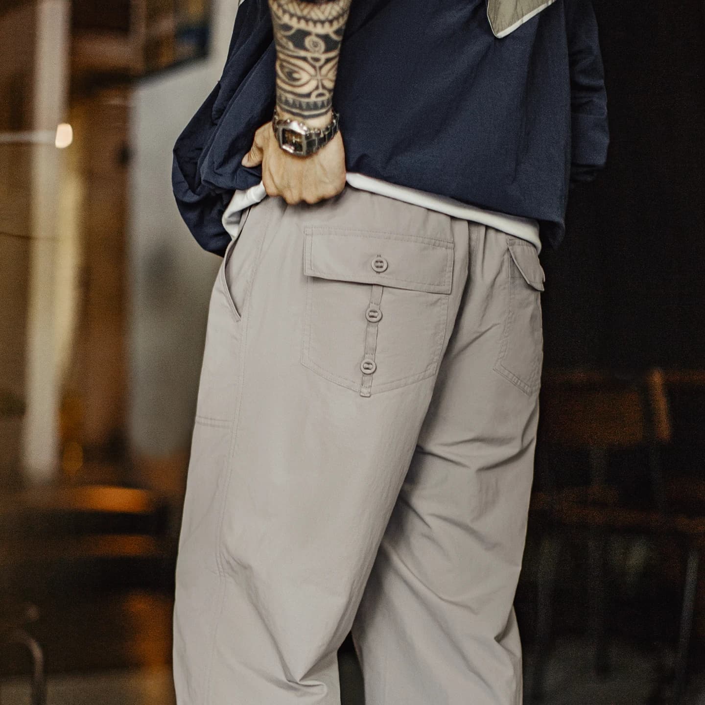 Maden Cuffed Casual Pants Outdoor Water-Repellent Trousers Men's Lightweight Elastic Waist Solid Color Long Pants for Streetwear