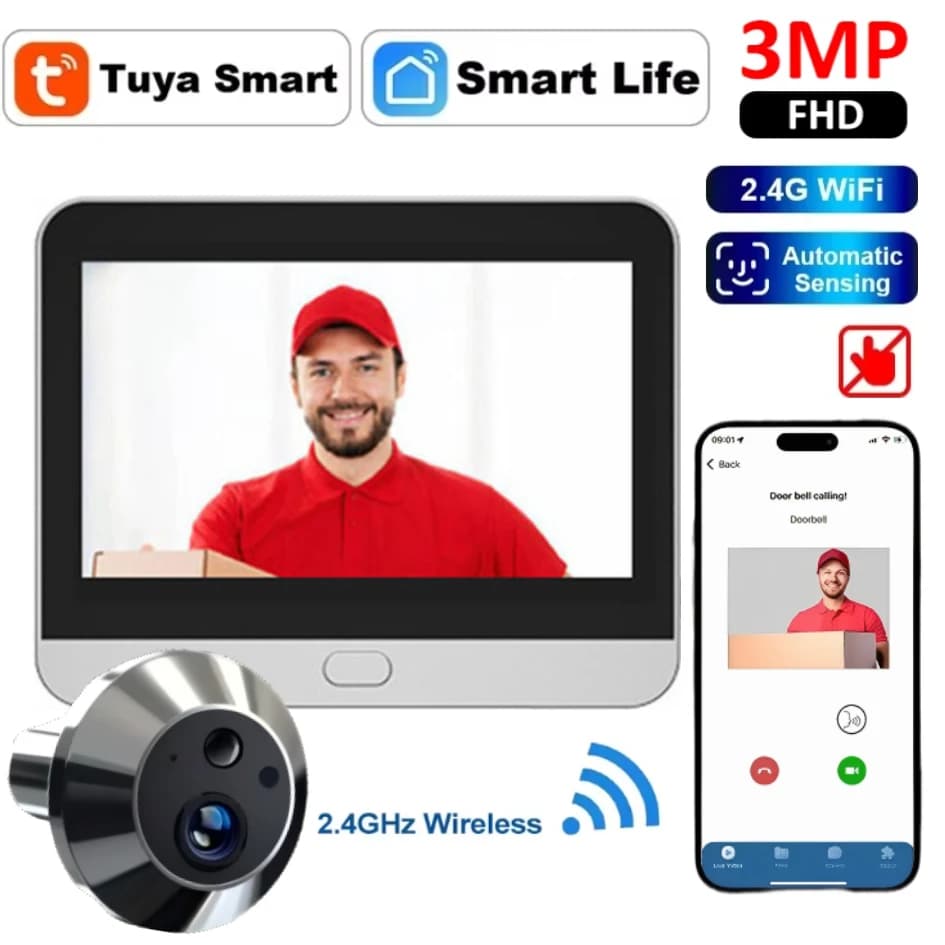 Tuya Spioncino Telecamera per porta Wifi 3MP Video Occhio Visione notturna Rilevazione movimento Spioncino digitale Monitoraggio domestico intelligente per appartamento