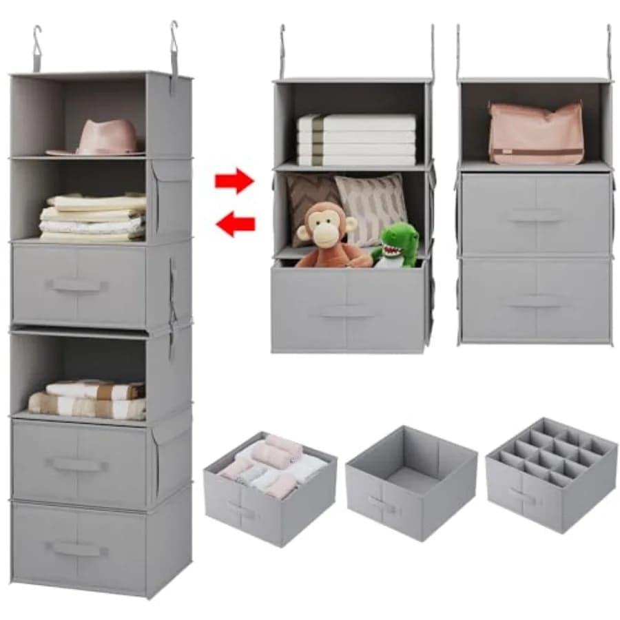 Organizzatore appendibile a 6 livelli per armadio con 4 tasche laterali e 3 cassetti, combinabile per dormitorio