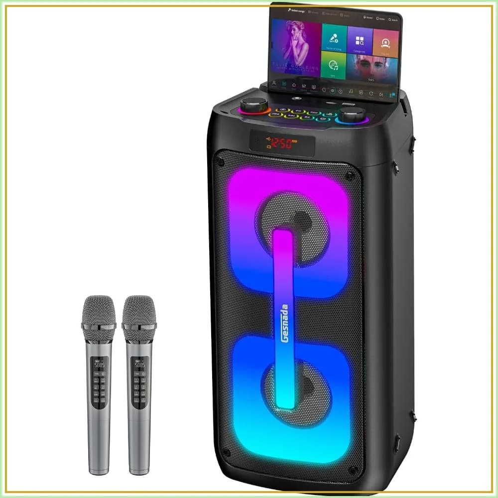 Karaoke Machine with 2 Wireless Mics, Portable PA System with LED Lights, Bluetooth 5.3, Party Speaker Supports Type-C, USB, AUX, TF, TWS for Home Outdoor