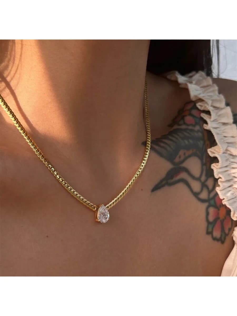 1pc 18K Gold Plated Stainless Steel Teardrop Rhinestone Pendant Necklace, Suitable For Women Daily & Wedding Wear As Gift