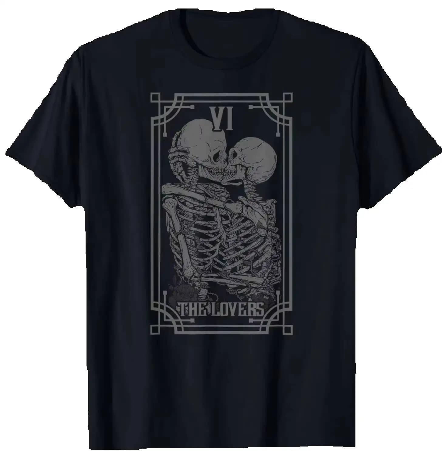 The Lovers Tarot Card Goth Skull Halloween Gothic Occult T-Shirt Summer short-sleeved breathable sweat-wicking versatile trendy T-shirt Summer short-sleeved breathable sweat-wicking versatile trendy T-shirt