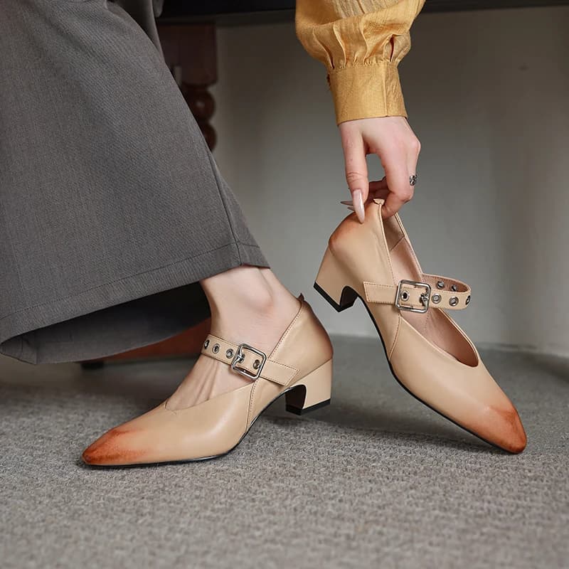 US 5-10 Size Genuine Leather Cowhide Women Pumps,Pointy Toe Belt buckle Square Heel Fashion High Heels,Large Size Women Shoes