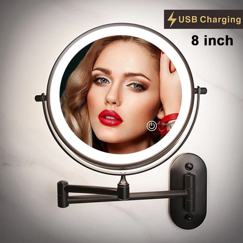 Specchio per il trucco nero opaco montato a parete da 8 pollici che ingrandisce il braccio pieghevole a doppio lato ricarica USB specchi cosmetici intelligenti per il bagno