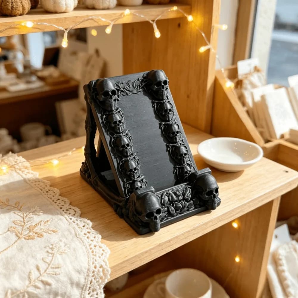 Skull Design Phone Stand Gothic Skeleton Head Phone Holder Desktop Decor 3D Carved Cell Phone Stand for Office Desk Home Living
