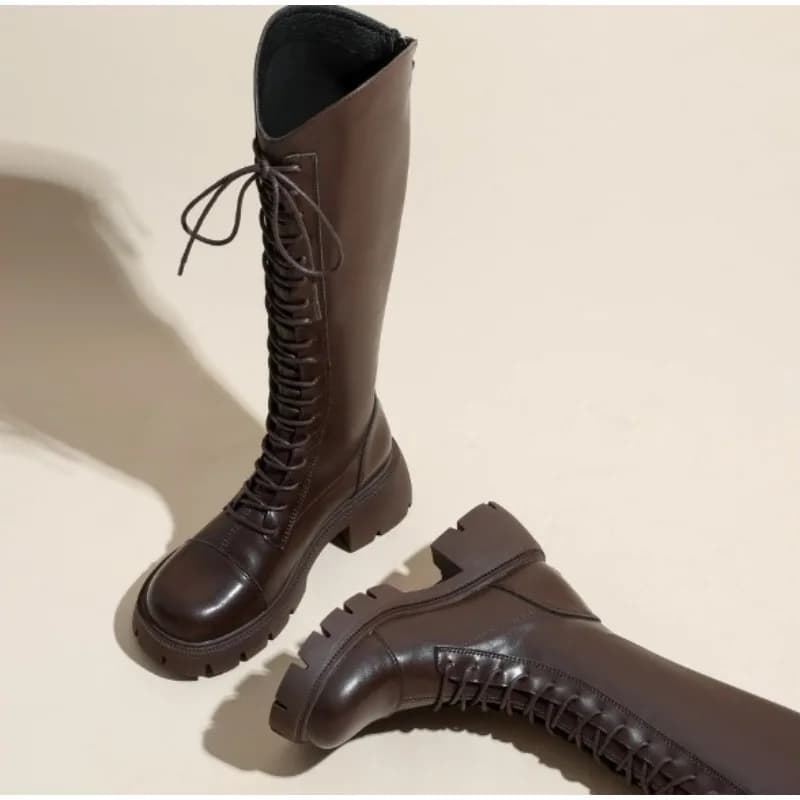 Women's Knight Boots with Crossed Laces with Winter Platform Shoes with Chunky Heel Fashion Long Boots in Women's Short Footwear Street Style