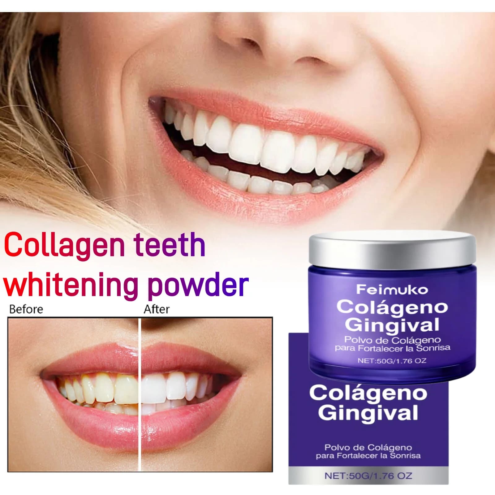 Collagen Teeth Whitening Powder Gentle Oral Care Long-Lasting Freshen Breath Remove Teeth Yellow Stains Cleans Away Food Debris