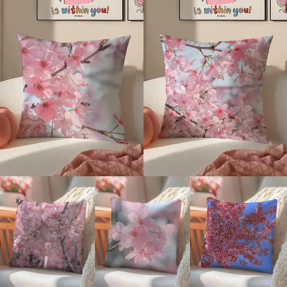 Short plush cushion cover with invisible zipper, cherry floral pattern, for sofa or bedroom