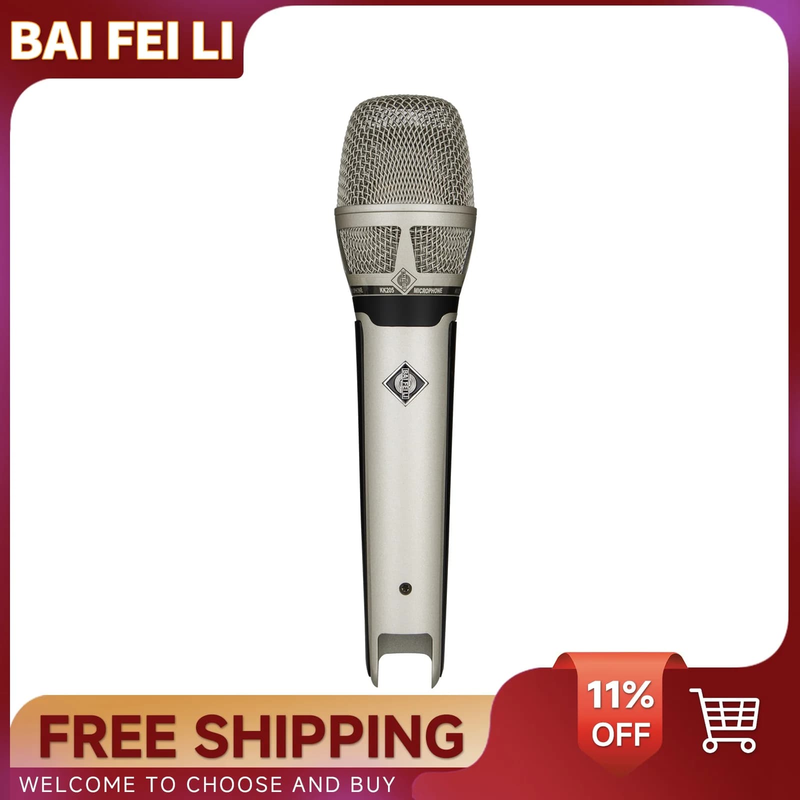 Microfono cablato portatile BAIFEILI KK205, microfono a condensatore cardioide a diaframma grande 34mm per altoparlanti, macchina per Karaoke, Amp, Mixer