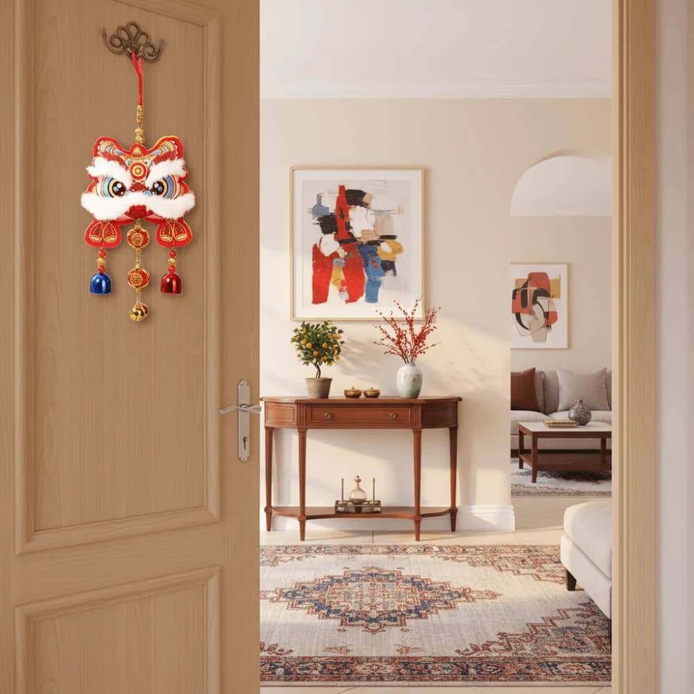 Door Hanging Traditional Chinese New Year Decoration Cartoon with Bells Blessing Wind Chime Waking Lion Wall Hanging Door Decor