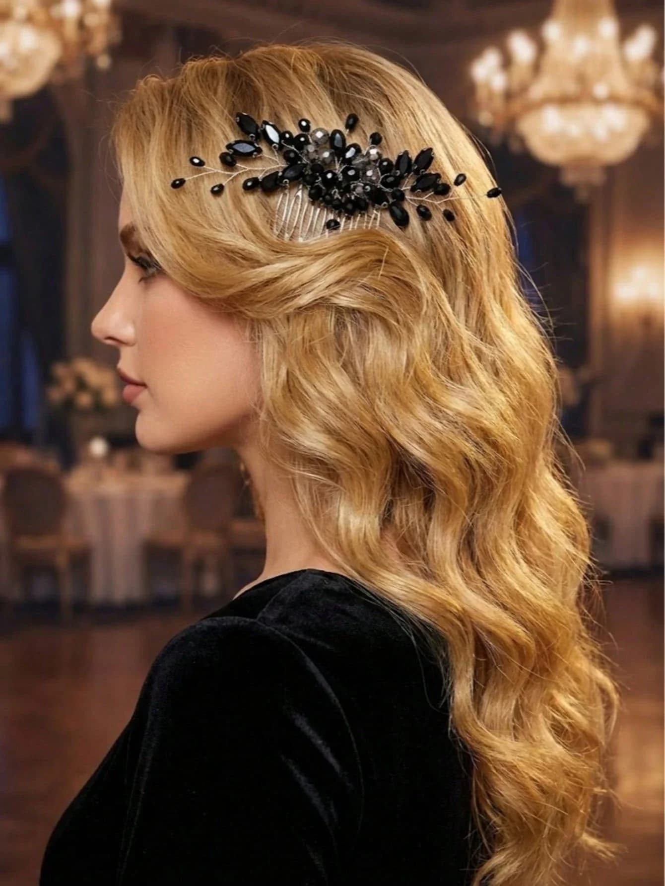 Elegante pettine per capelli in cristallo nero, accessorio per capelli vintage fatto a mano con perline, per donne, matrimoni, feste, balli di fine anno